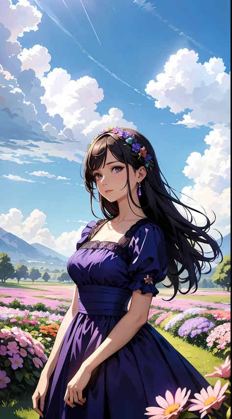 a woman's in a purple dress，blue sky and clouds in background, wearing blue dress，there are flowers on it, art germ, rosla globa...