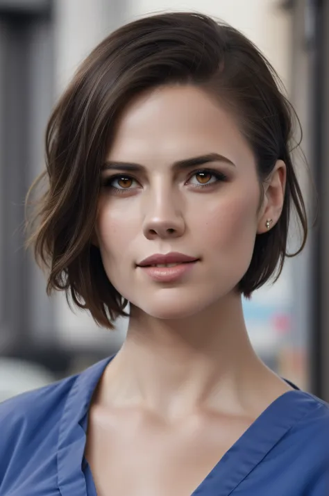 beautiful woman, hayley atwell, wearing (light blue hospital scrubs), beautiful legs, (very short pixie hair::1.3), detailed eye...