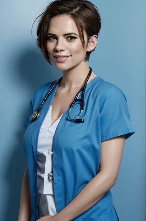 Beautiful woman, Hayley Atwell, wearing (light blue hospital scrubs), beautiful legs, (very short pixie hair::1.3), detailed eyes, (detailed realistic face), (skin texture), freckles, blush, confident smile, (head tilted to side::1.3), highly detailed, mod...