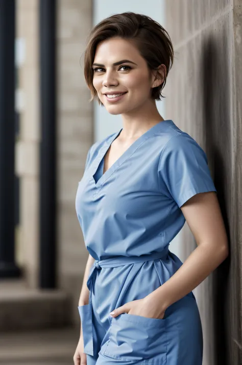 beautiful woman, hayley atwell, standing, wearing (light blue hospital scrubs), beautiful legs, (very short pixie hair::1.3), de...