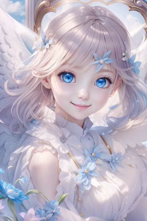 blue-eyed angel、more beautiful angels、fantastic angel、heavenly background、brilliance、a smile