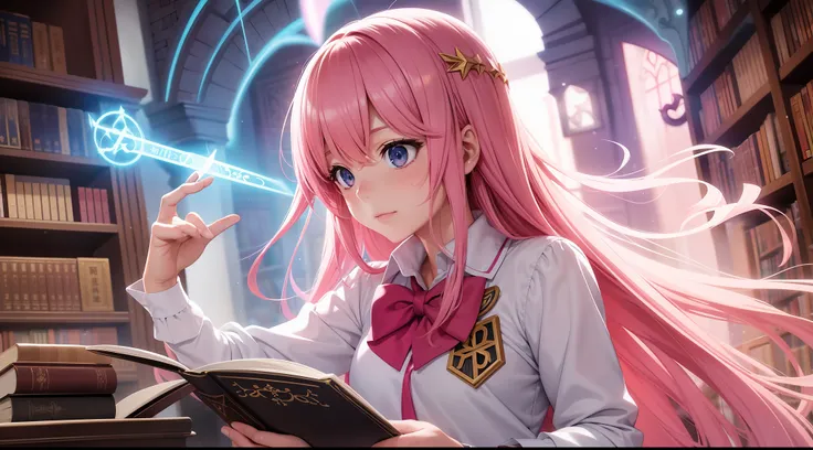 "a photorealistic high-quality anime-style girl with pink hair, dressed in a magical school uniform with glowing runes, casting ...