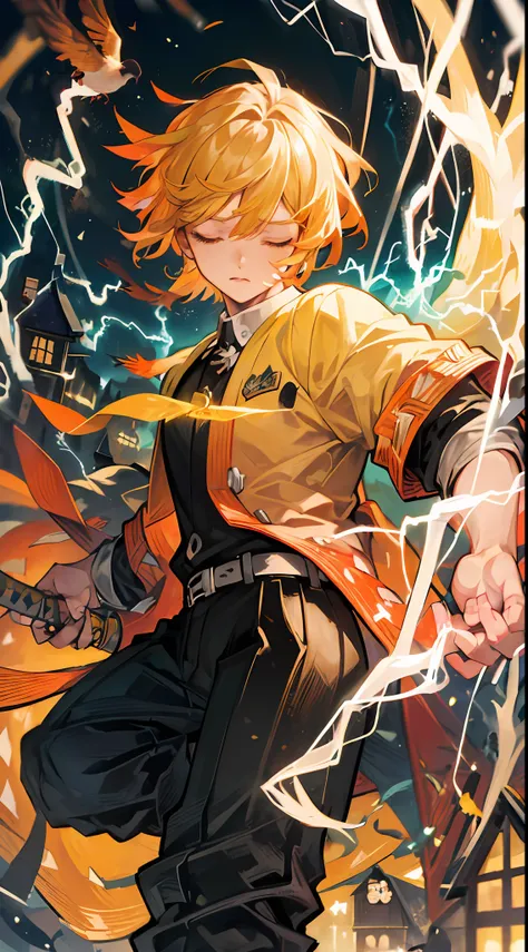 (((master piece))),((best quality)),((((town)))),detailed,1boy,solo,resting, yellow hair,just suit,pants,closed eyes,(((electricity))),katana,holding sword,bird, animal,animal on shoulder,ultra detailed face