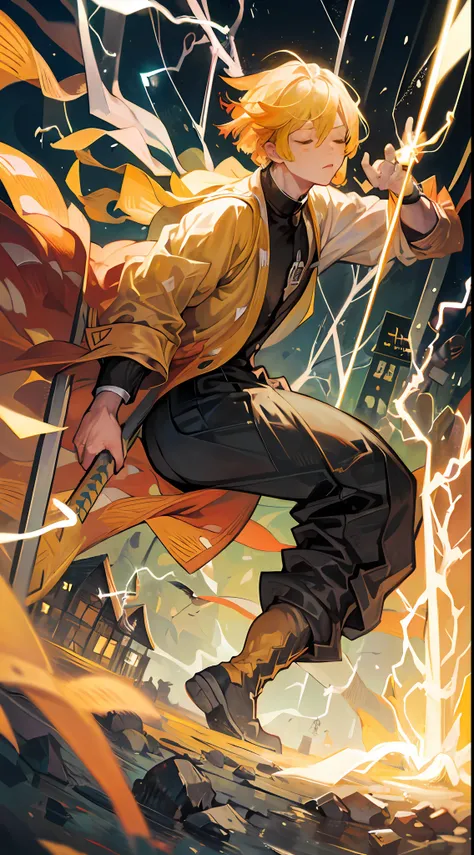 (((master piece))),((best quality)),((((town)))),detailed,1boy,solo,resting, yellow hair,just suit,pants,closed eyes,(((electricity))),katana,holding sword,bird, animal,animal on shoulder,ultra detailed face