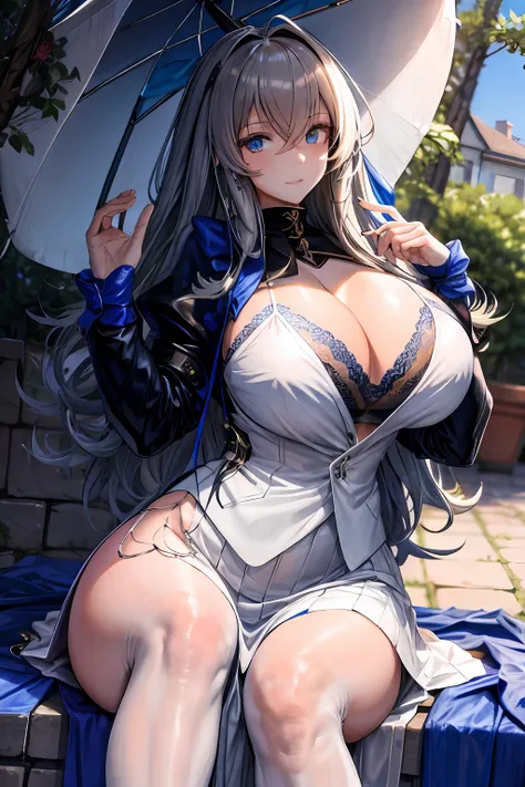 tmasterpiece， Best quality at best， 1girll， long whitr hair， looking at viewert， ：3， adolable， black school uniform， exteriors， the street， cowboy lens，big cleavage breasts， curves， （（（eBlue eyes）））， Rias Gremori，Green hair， Antenna hair， wavey hair， （（bea...