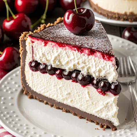 appetizing slice of cherry cheesecake with chocolate, delicious, fragrant, detailed  professional photography and light, close-u...