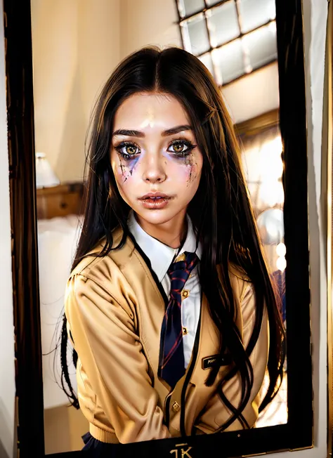 ruined makeup, hyperrealistic photo, beautiful girl model in schoolgirl uniform, photo on iphone 14 in mirror, long dark hair, c...