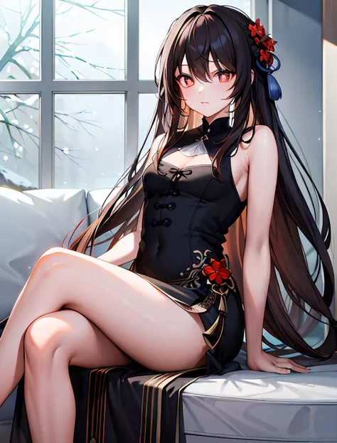 (incredibly_absurderes:1.3),(Masterpiece,Best quality,Ultra-detailed:1.6),illustration,Colorful,1girll,Solo,hu tao(Genshin Impact),Beautiful detailed eyes,Cute face,Beautiful girl,Lovely,Long hair,Red eyes,Brown hair,bangs,double tails,Solo,(Wide shot),(fu...