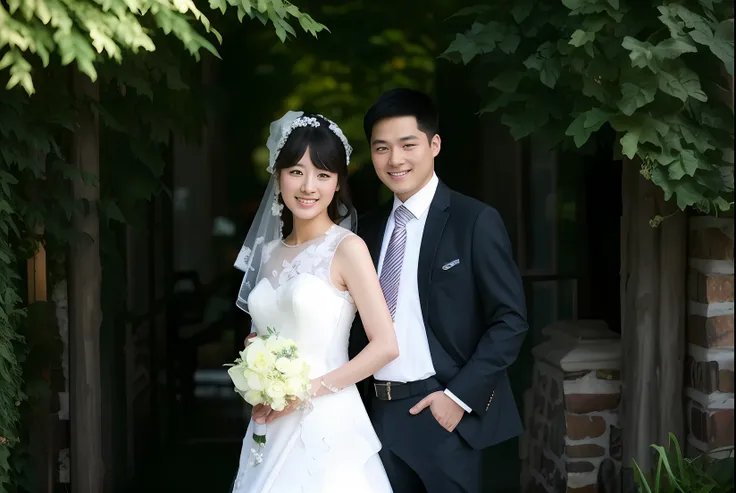 bride and groom posing for a picture in a garden, lovely couple, ruan jia and fenghua zhong, wedding photo, happy couple, couple, phong yintion j - jiang geping, bride and groom, zhuoxin ye, wu liu, song nan li, wenfei ye, jinyiwei, li zixin, jia, lei min