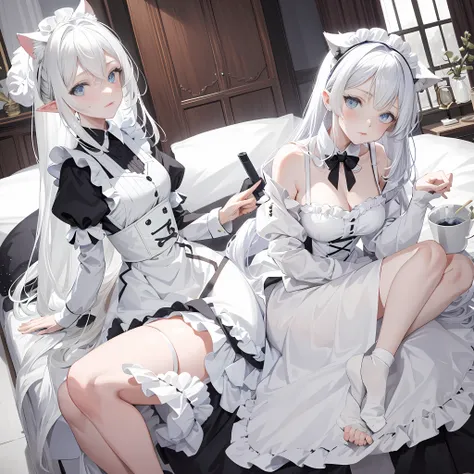 lazy wind，wide blue eyes，white hair，dull hair，beast-eared maiden，white tones，sitted，1girll，solo，adolable，the maid outfit，big haz...