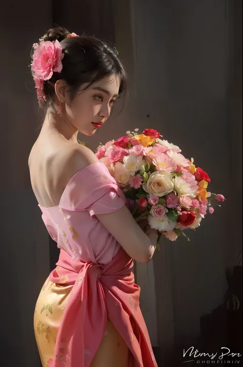 arafed woman in a pink dress holding a bouquet of flowers, carrying flowers, with flowers, wrapped in flowers, holding flowers, ...