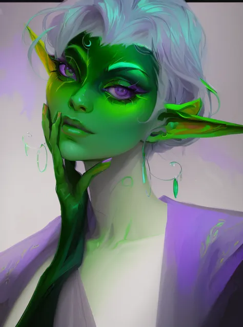 a drawing of a woman with a green face and purple eyes, inspired by Yanjun Cheng, inspired by loish, unearthly art style, goblin female portrait, goblin girl dnd character, low detailed. digital painting, loish |, loish art style, dnd portrait of a tieflin...