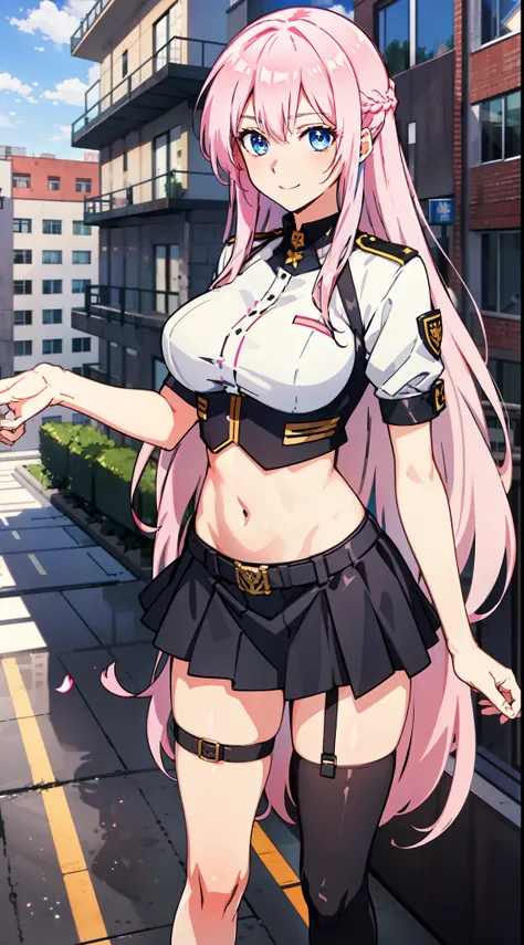 shikimori, slim legs, exposed navel, short skirt, beautiful eyes, blue eyes, happy, soldier uniform, pink hair, long hair, thigh high socks, balcony, full body,