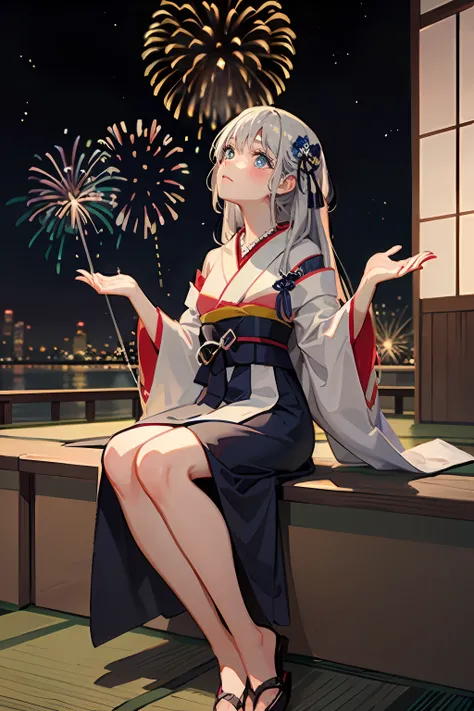perfect blue eye,  blush, (Looking up at the fireworks)
