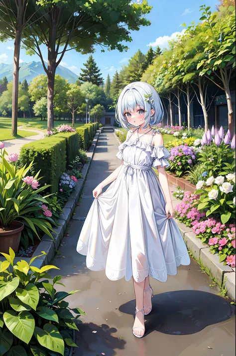 a beautiful dream princess. ella lleva un hermoso vestido y un bonito peinado. she is standing in front of a large garden of sma...