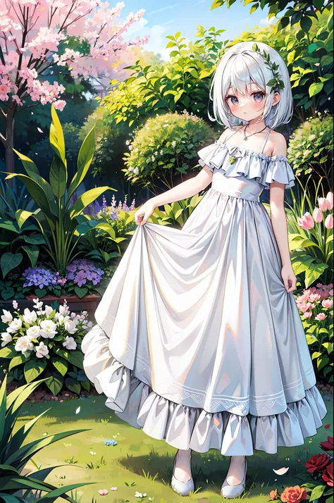 a beautiful dream princess. ella lleva un hermoso vestido y un bonito peinado. she is standing in front of a large garden of sma...