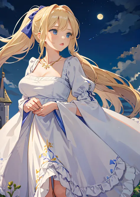 (masterpiece, best quality:1.2), intricate detail, 1girl, celes chere, mouth open, looking up, night sky, full moon, on top of castle, full body, one hand high up, the other hand on chest, blonde high ponytail, blue ribbon, white gorgeous dress, necklace, ...