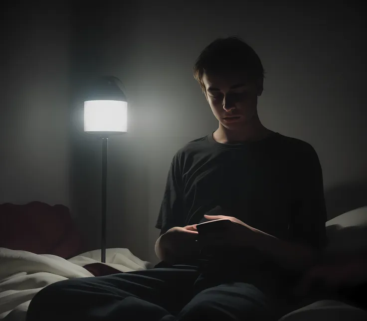 a young man, eyes glazed over, lost in the digital world, illuminated by the faint light of his phone in a dark bedroom.