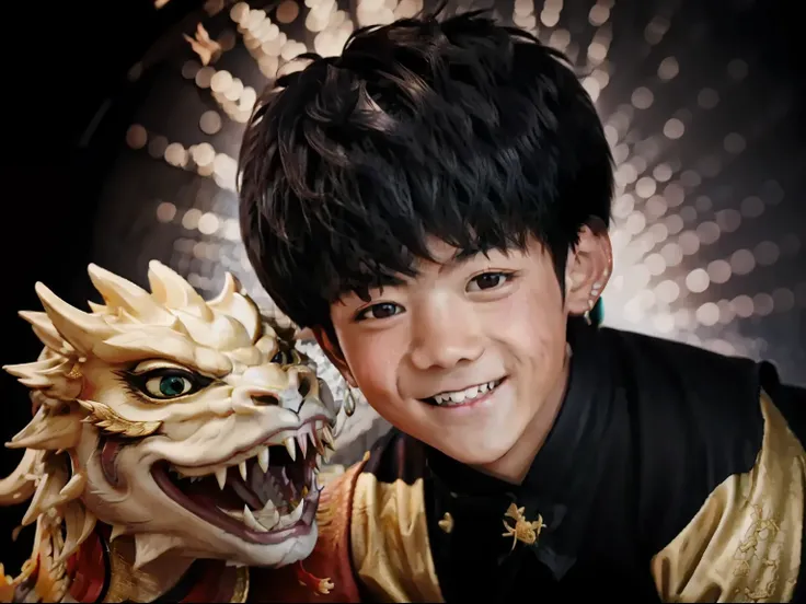 Masterpiece, best quality, 1 boy, grin, dramatic lighting , epic, 1 baby Chinese dragon. Happy palette of colours.