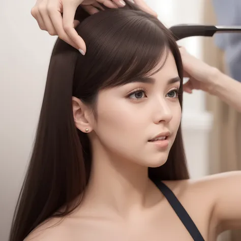 ultra-realistic woman straightening her hair in beauty salon