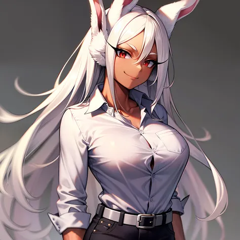 mirko mha, 1girl,solo,dark-skinned female, dark skin, large breasts, white shirt, belt , collarbone, collared shirt, formal, shi...