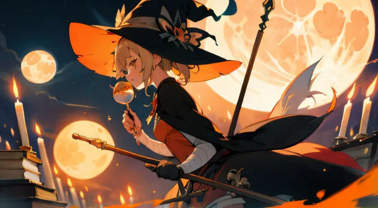 1girl, illustration, yoimiya, big witch hat, magic broom, night time, magical, full moon, cartoon ghosts, candle, magic wand, po...