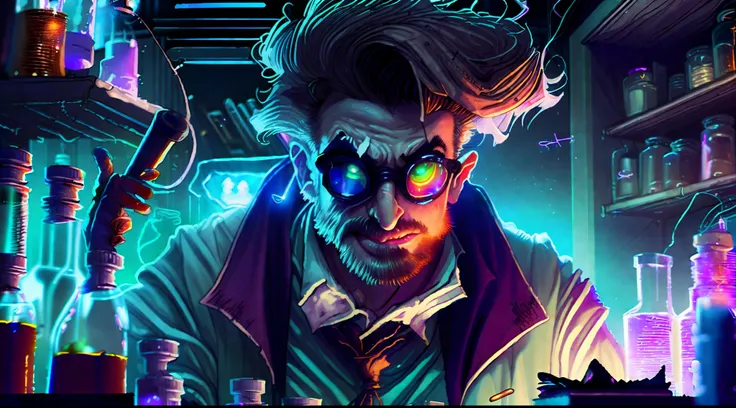 high quality, hyper details, 8k, wallpaper, mad scientist in his lab, mess, manic expression, sentado, contruindo um objeto mist...