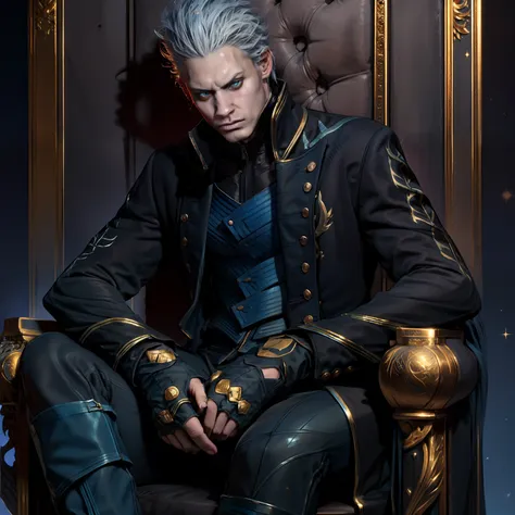 "1 man, 20-year-old teenager, dark blue wide collar, hair slicked back, sparkling blue eyes, serious expression, sitting on a th...