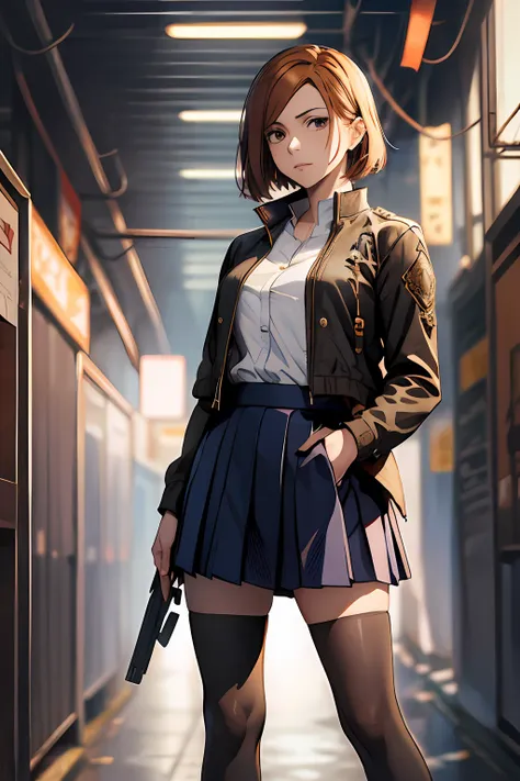 1girl, cowboy shot, beautiful nobara, school_uniform, bangs, jacket,, volumetric lighting, best quality, masterpiece, intricate ...