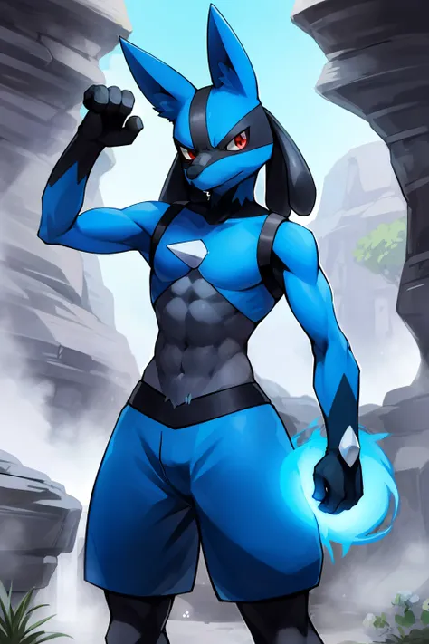 Lucario, Rote Augen, Angriffshaltung, Einen blauen Energieball wirken, Detailliert, Professionelle Leuchten, Anime, zentriert, outside, Cave, blaues Fell, Wolf, mittlerer Maulkorb, Sparks around the body sexy, sixpack, hotfurry, daddy, abs, maskulin