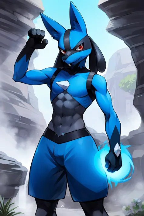 Lucario, Rote Augen, Angriffshaltung, Einen blauen Energieball wirken, Detailliert, Professionelle Leuchten, Anime, zentriert, outside, Cave, blaues Fell, Wolf, mittlerer Maulkorb, Sparks around the body sexy, sixpack, hotfurry, daddy, abs, maskulin