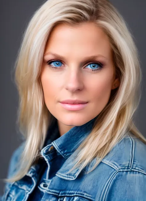 portrait of skswoman, hopeful, wearing jeans jacket, soft light blue eyes, with blond hair, background dungeon epic (photo, stud...