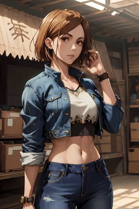 1girl, cowboy shot, beautiful nobara, crop top, jeans, bangs, jacket,, volumetric lighting, best quality, masterpiece, intricate...