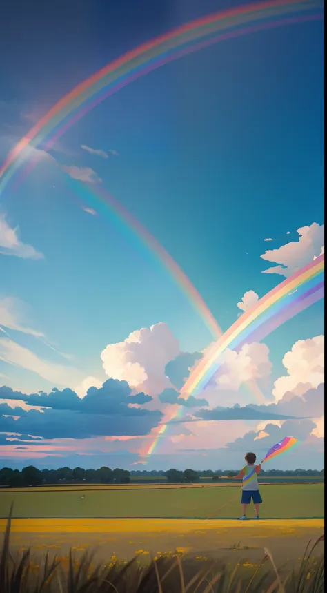 in the foreground a child riding a kite looking up, en una pradera florida y muy soleada. on the horizon behind him is a storm a...