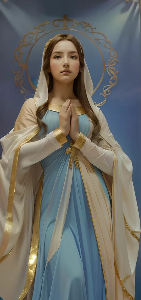 The Virgin Mary and the Child Jesus. MUJER CAUCASICA. 19 years old, DULCE Y LA INOCENTE MIRADAi ANGELICAL, ultra detailed fine art photography, Aura de medianoche, cielo nocturno, Cara hermosa detallada, Dreamy, resplandeciente, retroiluminado, glamur, Mic...