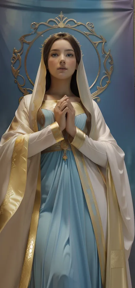 The Virgin Mary and the Child Jesus. MUJER CAUCASICA. 19 years old, DULCE Y LA INOCENTE MIRADAi ANGELICAL, ultra detailed fine art photography, Aura de medianoche, cielo nocturno, Cara hermosa detallada, Dreamy, resplandeciente, retroiluminado, glamur, Mic...