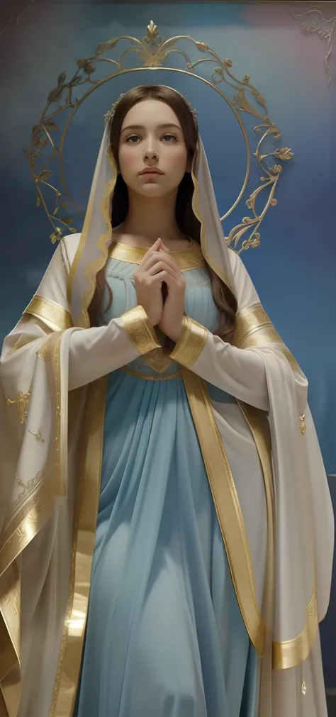 The Virgin Mary and the Child Jesus. MUJER CAUCASICA. 19 years old, DULCE Y LA INOCENTE MIRADAi ANGELICAL, ultra detailed fine art photography, Aura de medianoche, cielo nocturno, Cara hermosa detallada, Dreamy, resplandeciente, retroiluminado, glamur, Mic...