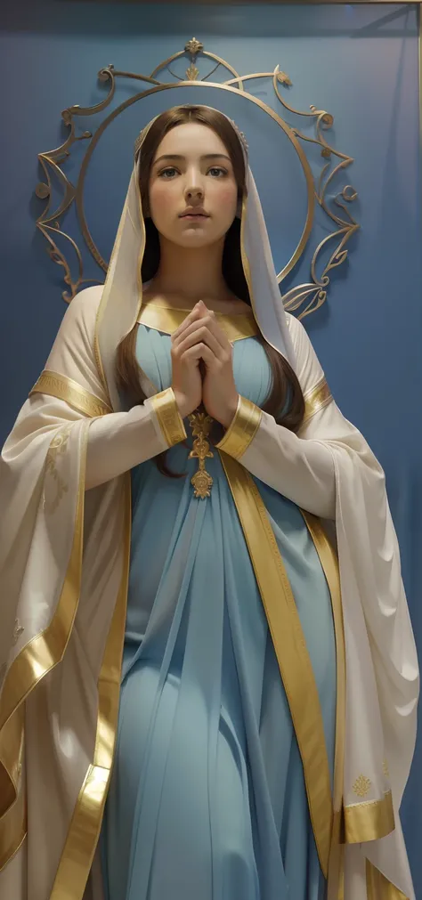 The Virgin Mary and the Child Jesus. MUJER CAUCASICA. 19 years old, DULCE Y LA INOCENTE MIRADAi ANGELICAL, ultra detailed fine art photography, Aura de medianoche, cielo nocturno, Cara hermosa detallada, Dreamy, resplandeciente, retroiluminado, glamur, Mic...