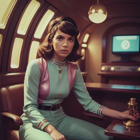 4k image from a 1970s science fiction film, imagem real por Wes Anderson, pastels colors, Snakeskin man wearing retro-futuristic fashion clothes from the 70s and 60s with antique futuristic ornaments with a mechanical pet, luz natural, cinemactic, Psicodel...