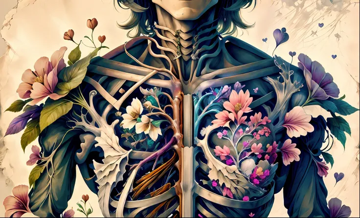 heart human. heart with flowers. anatomia, medicina