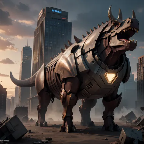 triceratops, triceratops with iron man armor, detailed, realistic, in a devastated new iroquo city, photorealistic