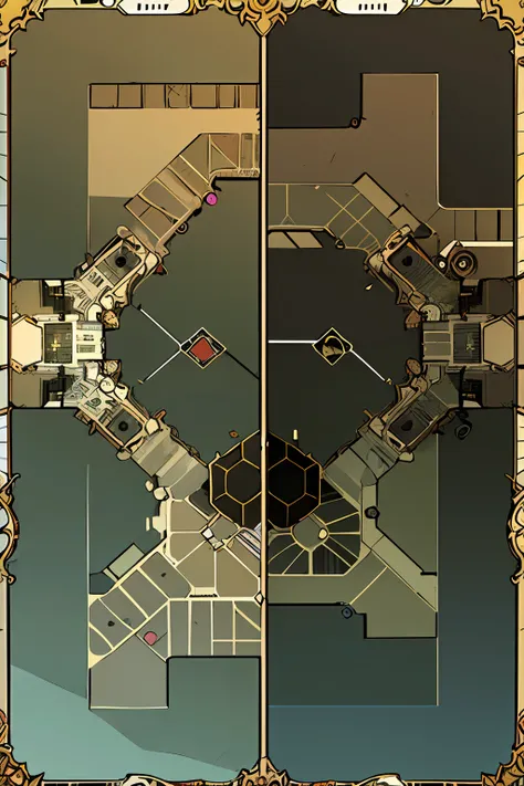 Create a 2D RPG battle map with top view, top-down. A city Steampunk with light in the dark. Abundant technology and trash