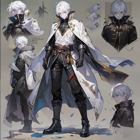 1 boy, solo, white hair, short hair, gray eyes, black shirt, metal cuffs, black gloves, raincoat, high boots, metal greaves, med...