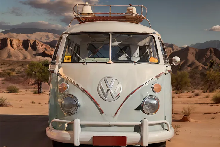 a volkswagen kombi rolling in a desert, red and white, vintage, restored