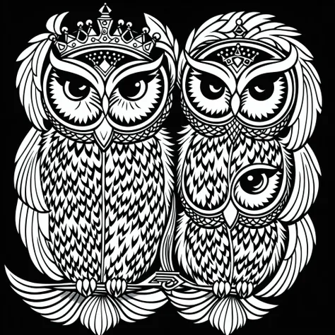 very small owls head with symmetrical crown in the center, less details, logo design, black and white, ink, stencil, very simple, white background, rounded frame around, badge