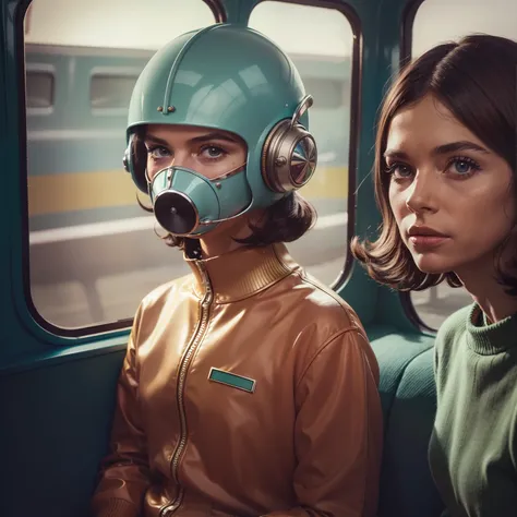 4k image from a 1960s science fiction film by wes anderson, pastels colors, young people with animal mask and a mechanical pet o...