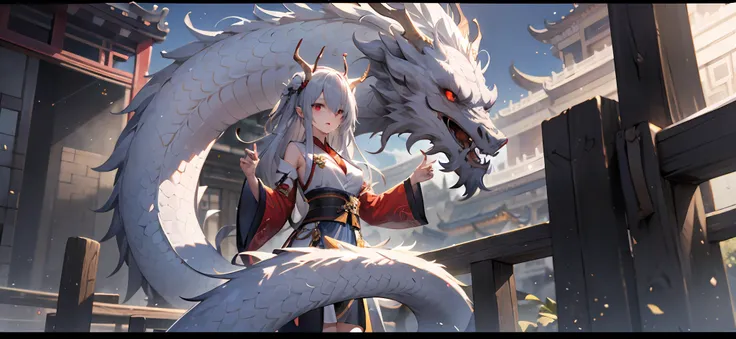 1girl, silver hair, long hair, straight hair, red eyes, hair over one eye, chinese dragon horns, hanfu, sleeves folded up, mediu...