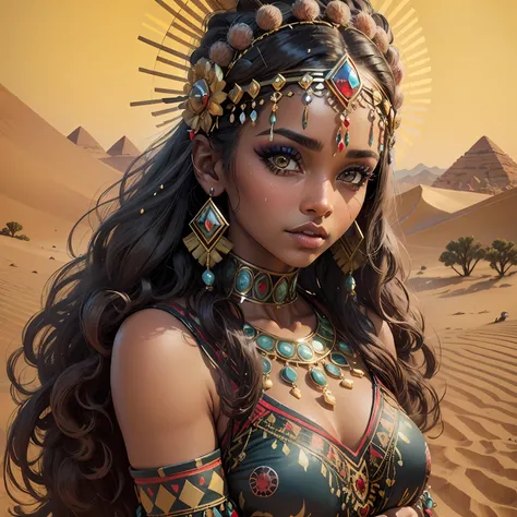 (masterpiece: 1.2), (best quality: 1.2), breasts in large evidence, perfect eyes, perfect face, perfect lighting, photo shoot, 1girl, mature female wearing SSAHC, SSAHC, dark skinned, colorful tribal dress, headdress, thick eyelashes, makeup, eyeshadow, me...