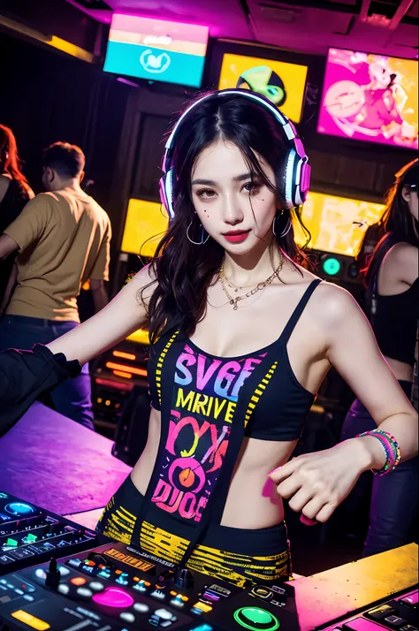 upper body,  female dj, colorful clothes , quirky, vibrant appearance,  playful accessories, creative behavior, imaginative, sen...