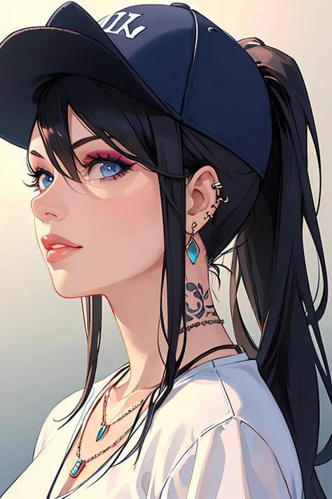 1girl, solo, jewelry, hat, realistic, piercing, earrings, black hair, necklace, baseball cap, blue eyes, ear piercing, ponytail,...